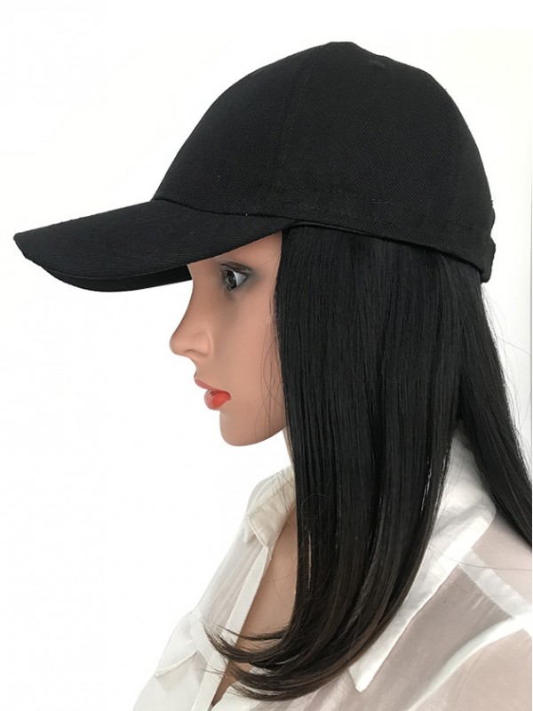 Long Straight Black Synthetic Wigs 18 Inches With Baseball Hats