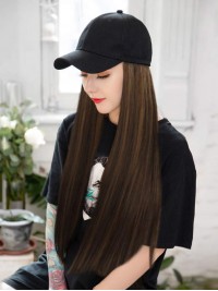 Brown Long Straight Synthetic Wigs 26 Inches With Black Baseball Hat