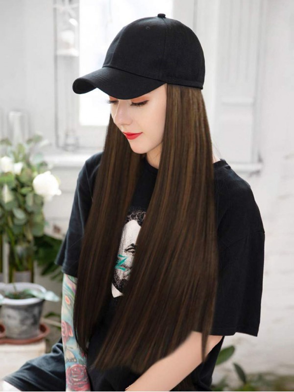 Brown Long Straight Synthetic Wigs 26 Inches With Black Baseball Hat