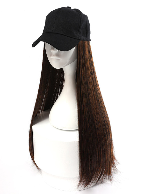 Brown Long Straight Synthetic Wigs 26 Inches With Black Baseball Hat