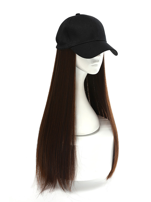 Brown Long Straight Synthetic Wigs 26 Inches With Black Baseball Hat