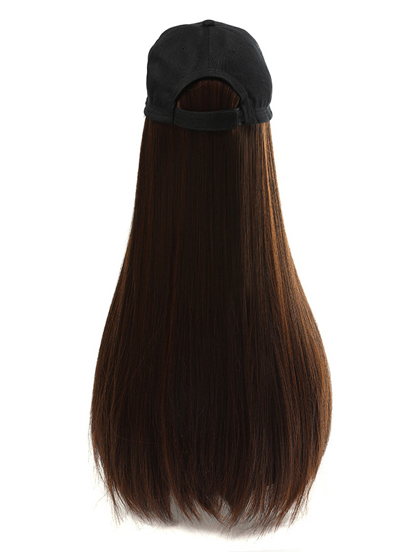 Brown Long Straight Synthetic Wigs 26 Inches With Black Baseball Hat