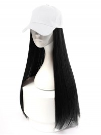 Black Long Straight Synthetic Wigs 26 Inches With White Baseball Hat