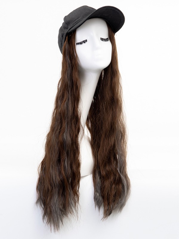 Long Curly Black Synthetic Wigs 26 Inches With Black Baseball Hat