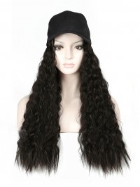 Long Curly Black Synthetic Wigs 26 Inches With Black Baseball Hat