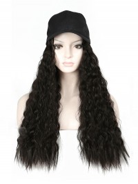 Long Curly Black Synthetic Wigs 26 Inches With Black Baseball Hat