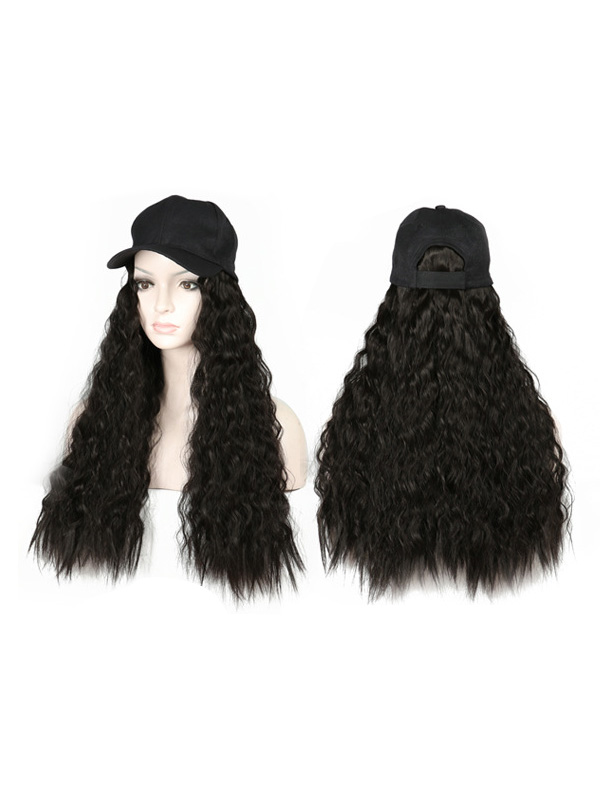 Long Curly Black Synthetic Wigs 26 Inches With Black Baseball Hat