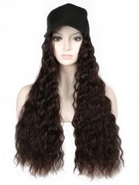 Long Brown Curly Synthetic Wigs 26 Inches With Black Baseball Hat