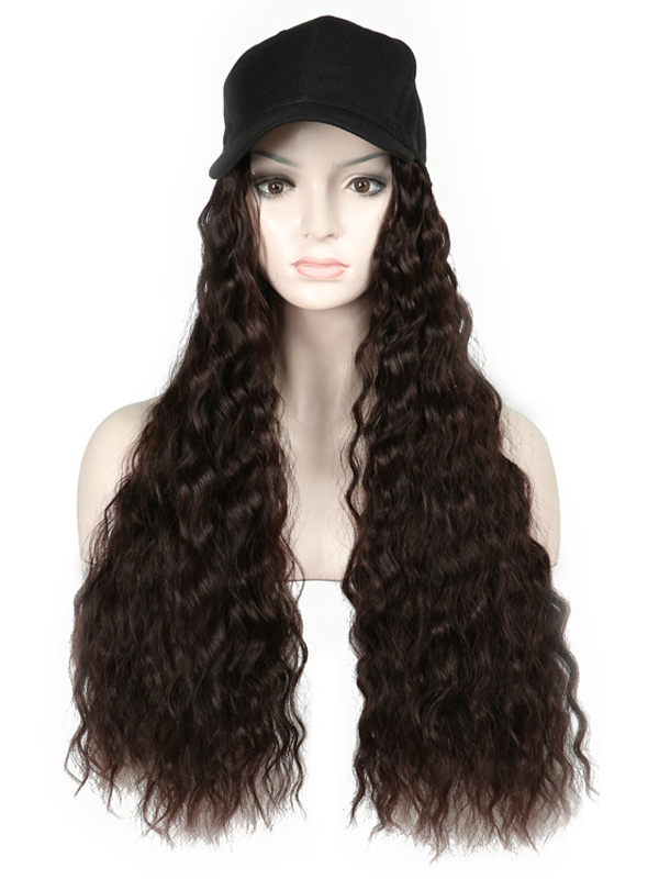 Long Brown Curly Synthetic Wigs 26 Inches With Black Baseball Hat