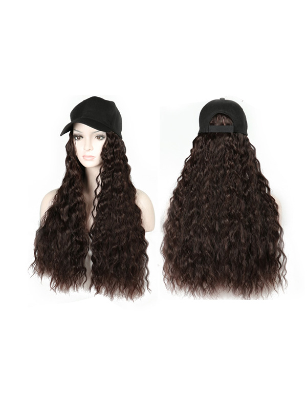 Long Brown Curly Synthetic Wigs 26 Inches With Black Baseball Hat
