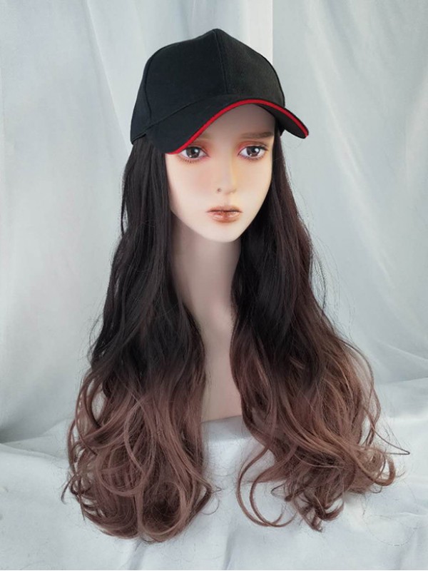 Ombre Long Wavy Synthetic Wigs 26 Inches With Black Baseball Hat