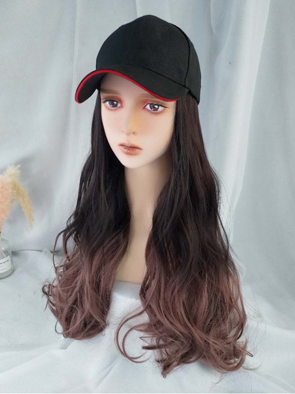 Ombre Long Wavy Synthetic Wigs 26 Inches With Black Baseball Hat