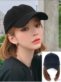 Short Bob Style Synthetic Wigs 12 Inches With Black Baseball Hat
