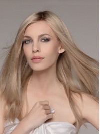 Elegant Human Hair Without Bangs 18" Monofilament  Long Wigs