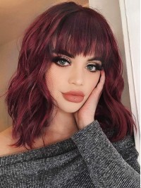 Bobs Wavy Wig 14" Wine Red Human Hair Wigs