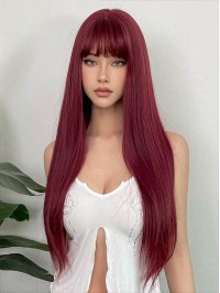 Wig For Daily Party Cosplay With Bangs Long Straight Wine Red Human Hair Wigs