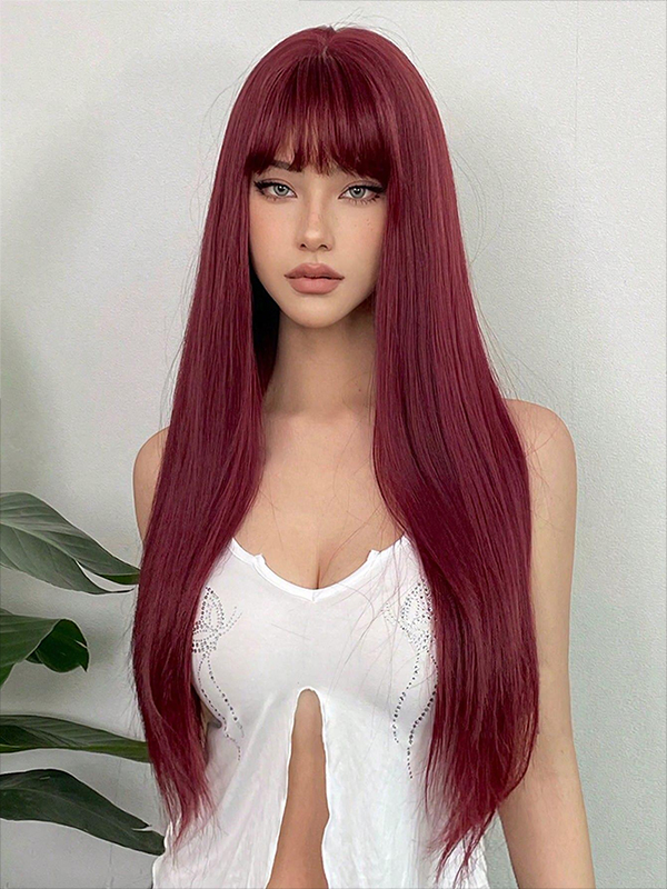 Wig For Daily Party Cosplay With Bangs Long Straight Wine Red Human Hair Wigs