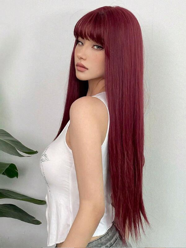 Wig For Daily Party Cosplay With Bangs Long Straight Wine Red Human Hair Wigs