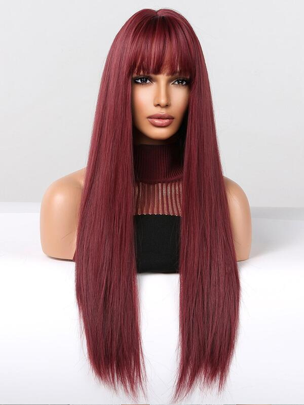 Wig For Daily Party Cosplay With Bangs Long Straight Wine Red Human Hair Wigs