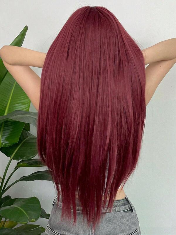 Wig For Daily Party Cosplay With Bangs Long Straight Wine Red Human Hair Wigs