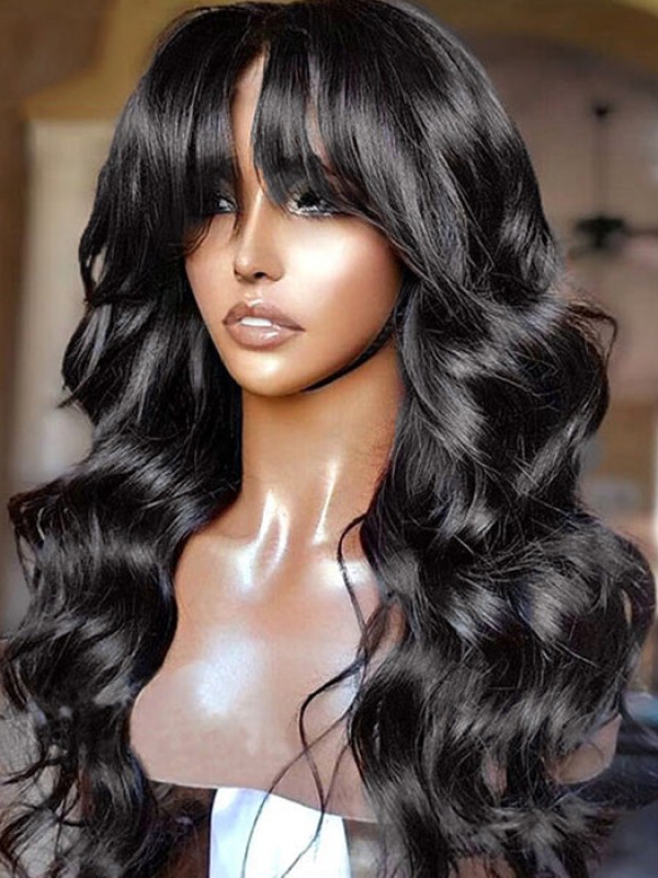 Afro-Hair Long Body Wave Capless With Bangs Human Hair Wigs
