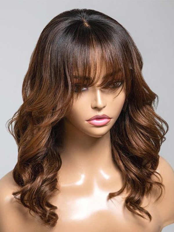 Ombre Chestnut Brown Layered With Bangs Human Hair Wavy Lace Front Wigs
