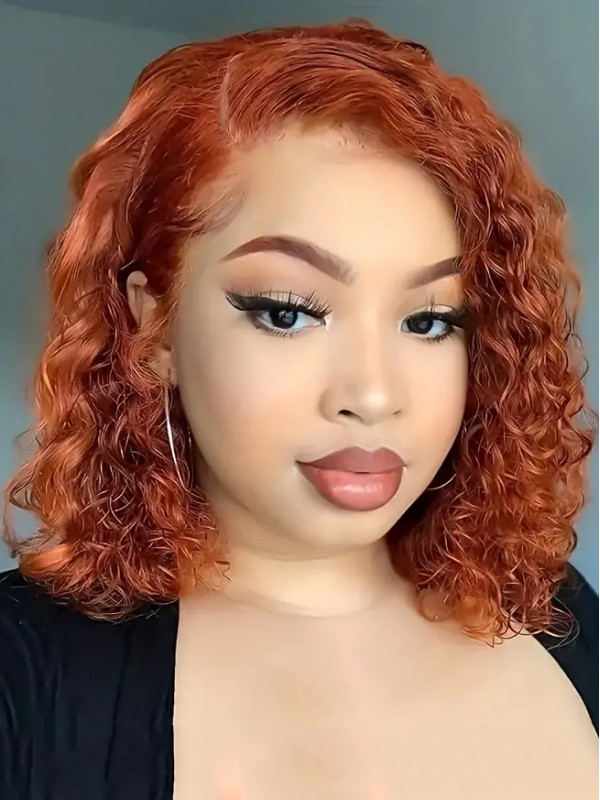 Ginger Orange Glueless Bob Deep Wavy Wigs Lace Front Human Hair Wigs For Women