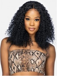 Black Curly Human Hair Shoulder Length Capless Wigs