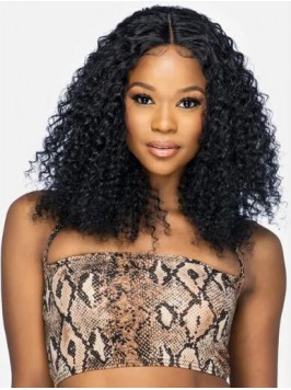 Black Curly Human Hair Shoulder Length Capless Wig...