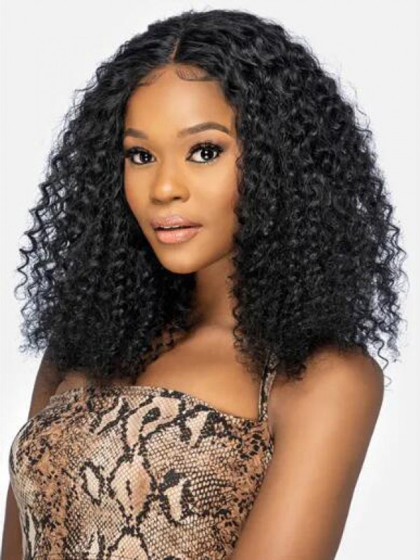 Black Curly Human Hair Shoulder Length Capless Wigs