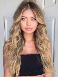 Middle Part Long Ombre Capless Blonde Wavy Real Hair Wigs