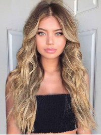 Middle Part Long Ombre Capless Blonde Wavy Real Hair Wigs