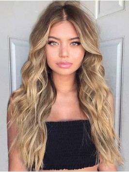 Middle Part Long Ombre Capless Blonde Wavy Real Ha...