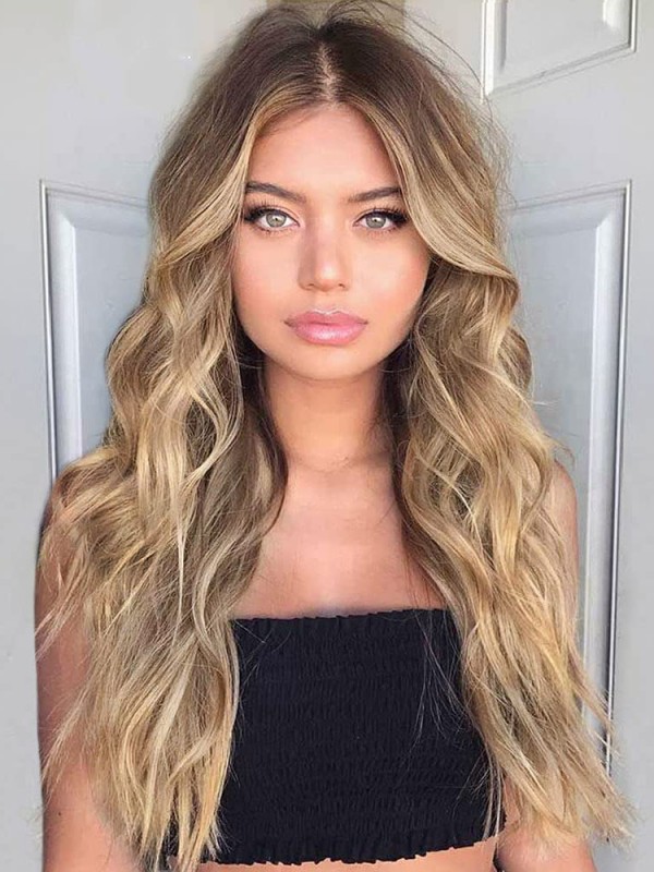 Middle Part Long Ombre Capless Blonde Wavy Real Hair Wigs