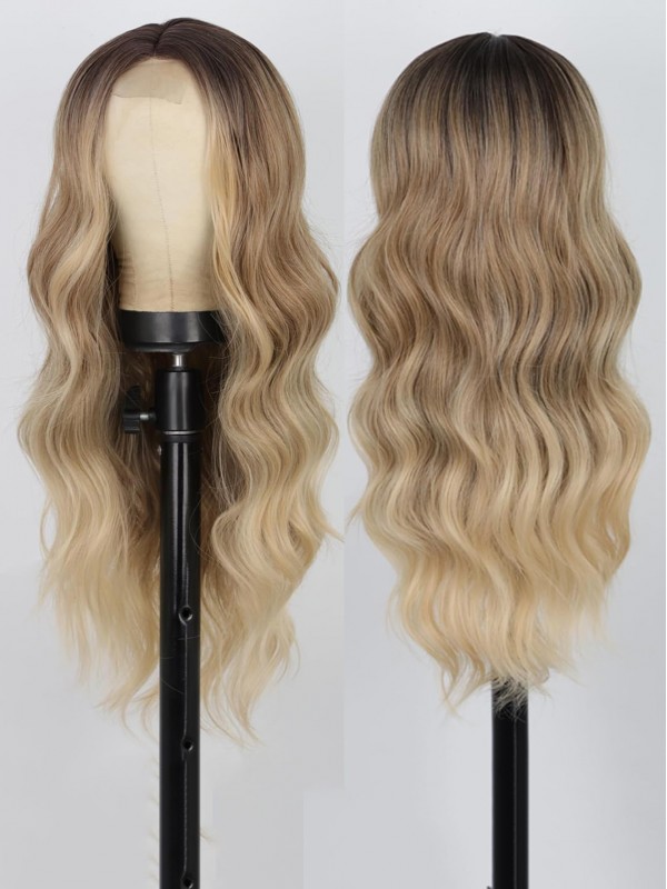 Middle Part Long Ombre Capless Blonde Wavy Real Hair Wigs