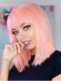 Straight Lace Front Bob Wigs With Bangs Pink Human Hair Wig