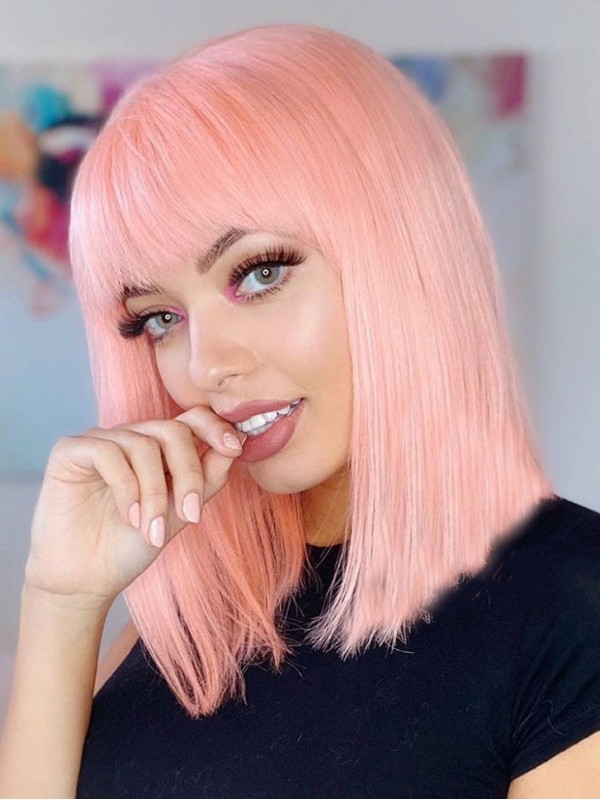 Straight Lace Front Bob Wigs With Bangs Pink Human Hair Wig