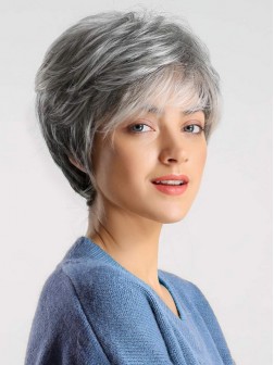 Short Gray Capless Human Hair Wigs With Bangs