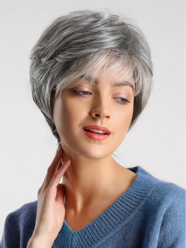 Short Gray Capless Human Hair Wigs With Bangs