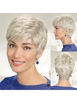 Silvery White Short Pixie Human Hair Wigs With Ban...