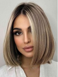 Women 10" Bobs Straight Human Hair Capless Wigs