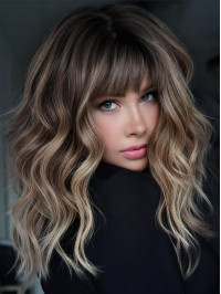 Brown Highlight 16" With Bangs Remy Human Hair Wigs
