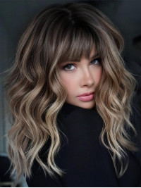 Brown Highlight 16" With Bangs Remy Human Hair Wigs