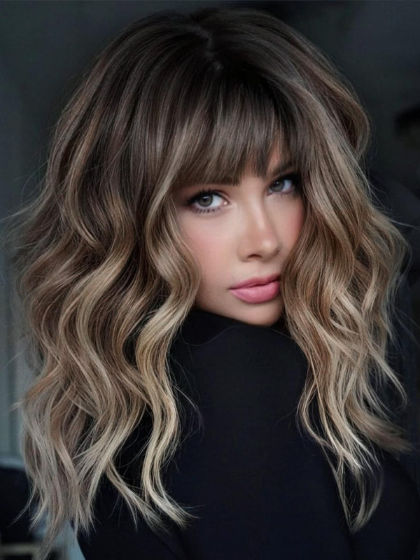 Brown Highlight 16" With Bangs Remy Human Hair Wigs