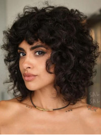 Black Curly 14" Medium Length Wigs With Bangs