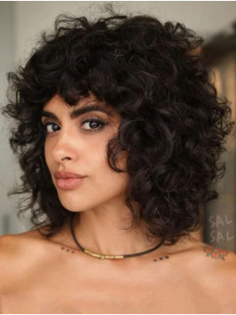 Black Curly 14" Medium Length Wigs With Bangs