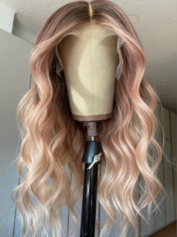 Long Pink Wavy Remy Human Hair Lace Front Wig