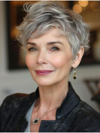 Silver Grey Wigs 6" Short Capless Wavy Boycuts Human Hair Wigs