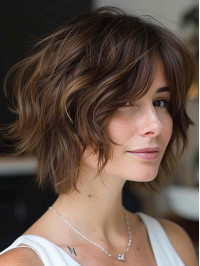Real Hair Wigs Chin Length Layered Brown 10" Wavy Wigs