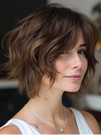 Real Hair Wigs Chin Length Layered Brown 10" Wavy Wigs